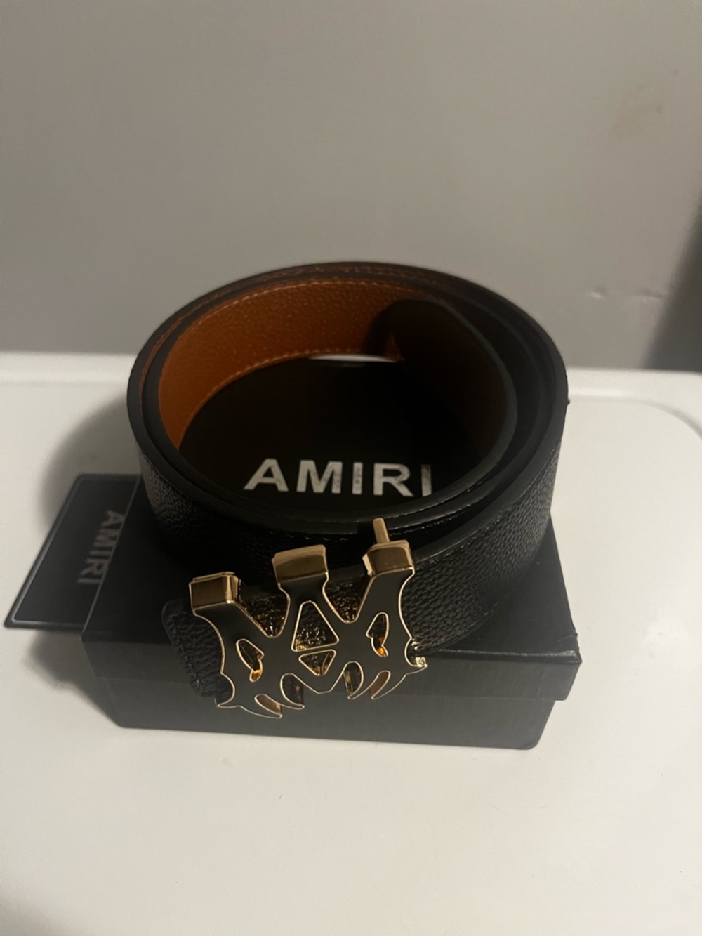AMIRI Black Leather Double-Wrap Belt with Gold AMIRI Logo Buckle